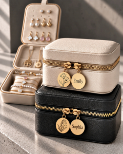 Personalisierte Schmuckschatulle mit Geburtsblume und Namen – Kleine Reise Schmuckbox aus Leder in Beige oder Schwarz – Geschenke für Sie